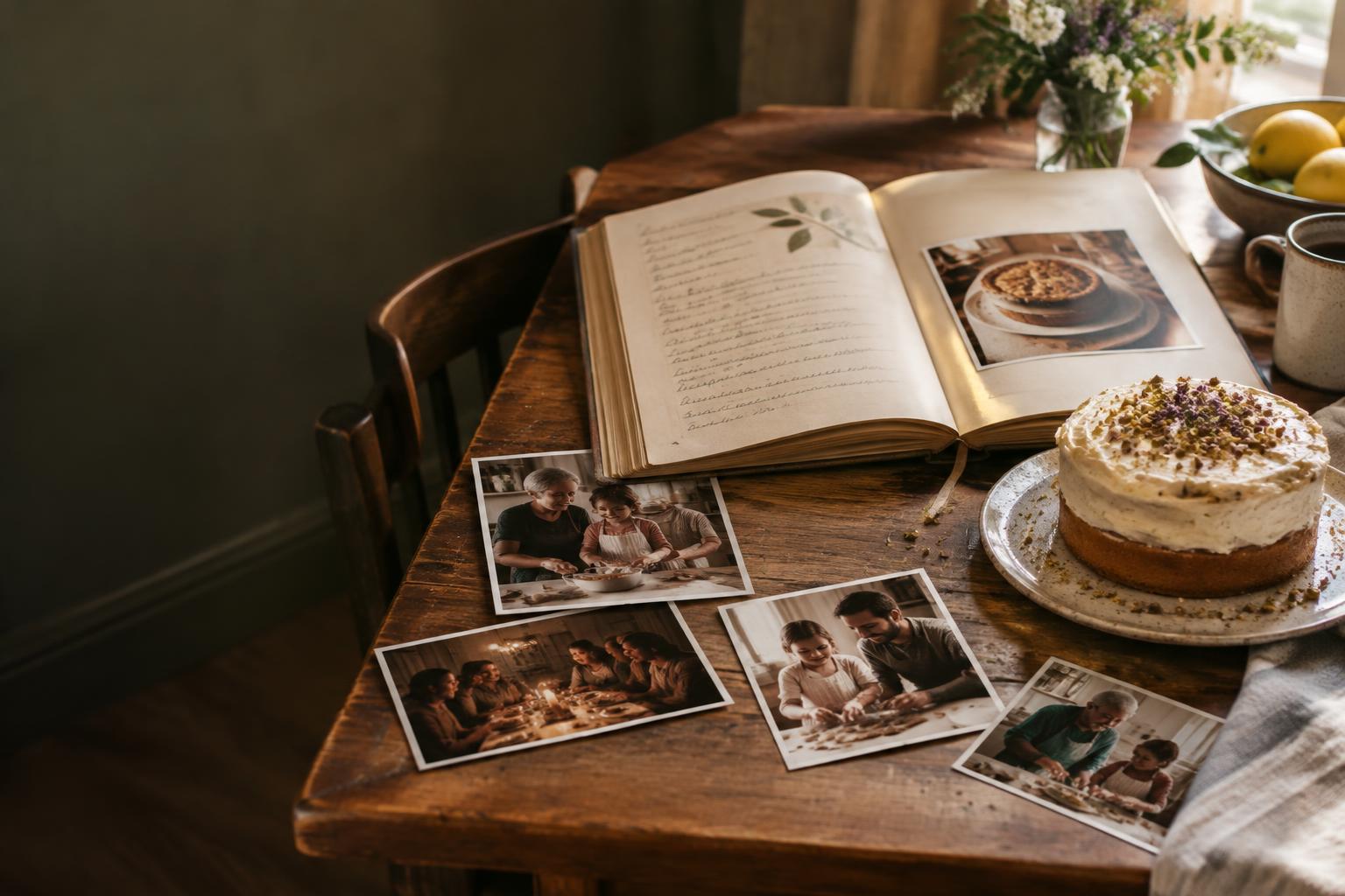 Livro de receitas aberto junto a fotografias de família, amigos e um casal, sobre uma mesa com bolo caseiro